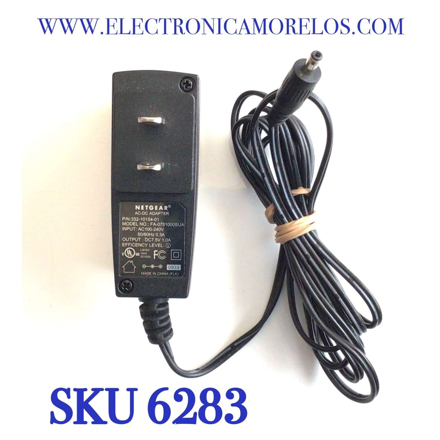 CARGADOR / ADAPTADOR DE FUENTE DE ALIMENTACION NETGEAR AC-DC / NUMERO DE PARTE 332-10154-01 / ENTRADA VCA 100-240V~ 50/60HZ 0.3A  / SALIDA VCD 7.5V 1.0A / MODELO FA-0751000SUA